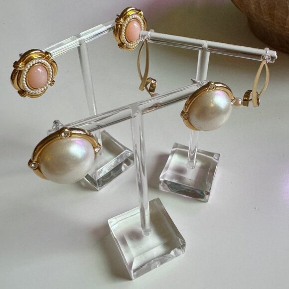 Gold and Pearl Earrings Set of 3 - Picture 5 of 6